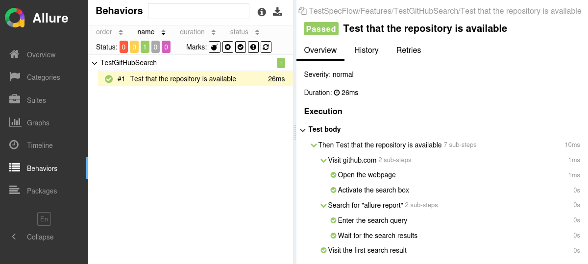 Allure Report SpecFlow Example