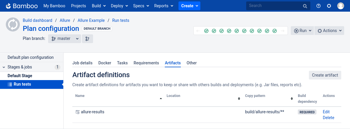 Allure Bamboo plugin artifacts page