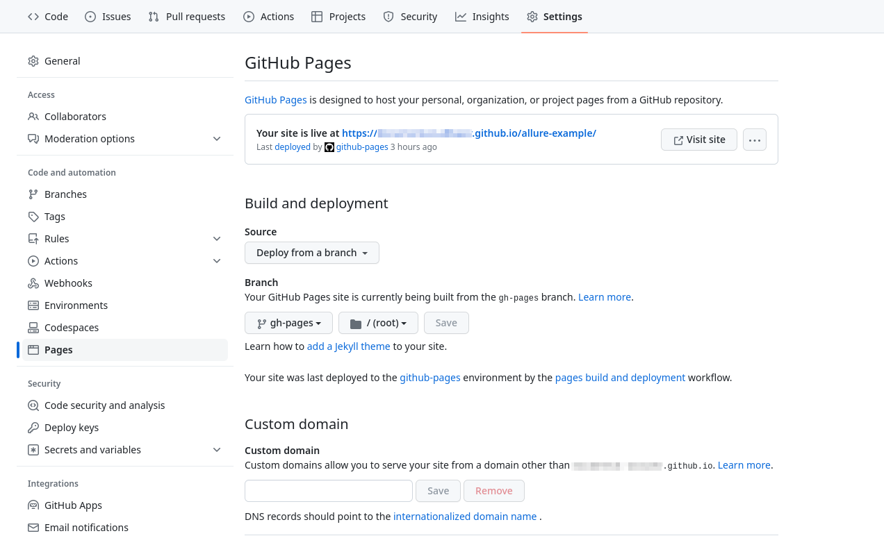 Allure Github configure github pages